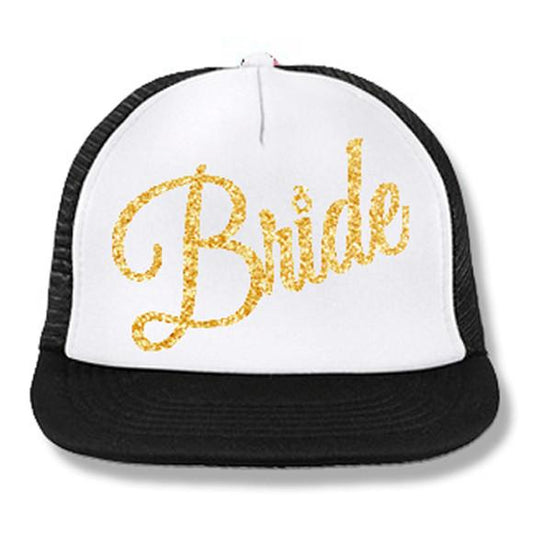 BRIDE Cursive Snapback Trucker Hat White with Gold
